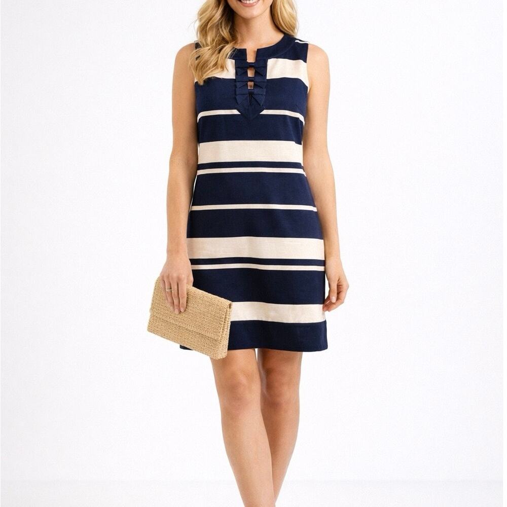 Vineyard Vines Silk Navy & Cream Striped Bow Front Coastal Shift Dress Size 6